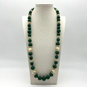 Vintage Lucite Green Beaded Necklace Gold Accent Fashion Jewelry Statement Piece